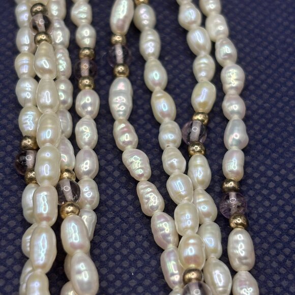 Two Separate Strands Seed Pearl Necklace Amethyst & Gold-Tone Beads 21” Doubled - Picture 7 of 8